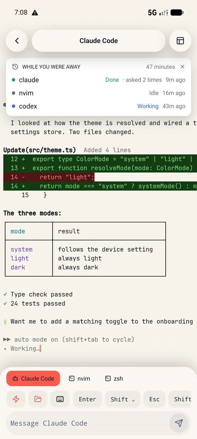 Muqun’s home screen: one server ONLINE, its agents listed down a coral thread, each marked Working, Blocked or Idle.