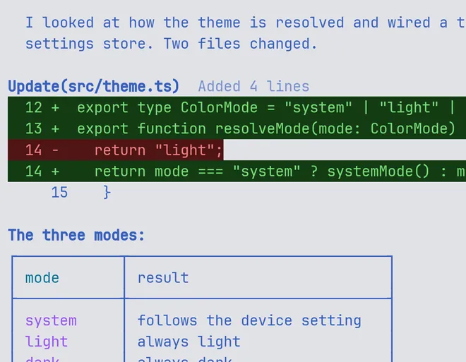A coding agent’s output in Muqun: a coloured diff, a bordered table and a green pass line.